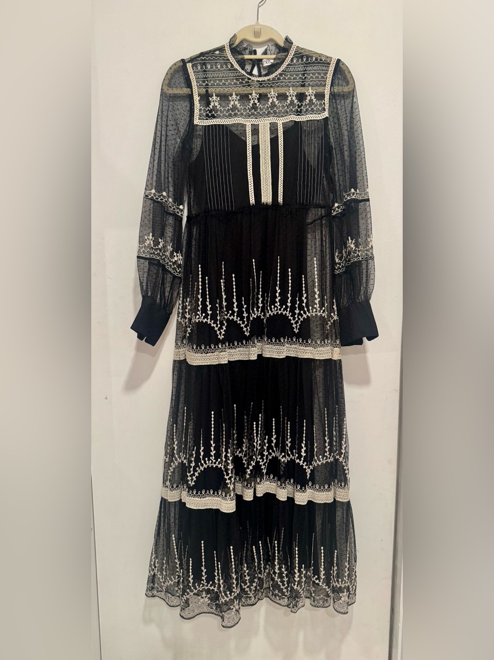 Zara Black Sheer Lace Tiered Midi Dress with Cream Embroidery